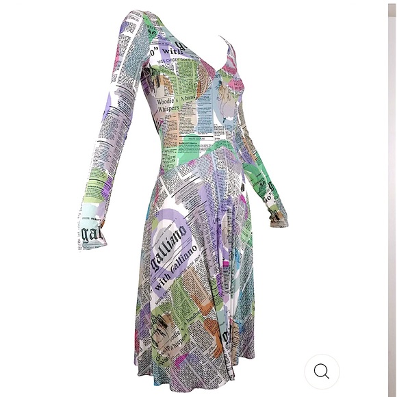 Galliano Vintage Pastel Newspaper Print Long Sleeve Dress - Picture 3 of 16